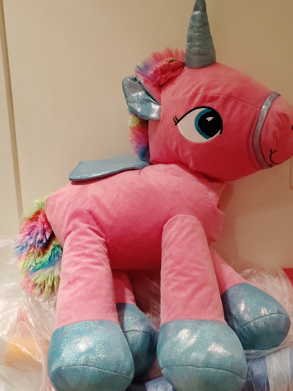 Plush Pink Unicorn Stuffed Animal with Shimmery Blue Accents